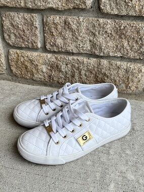 G by Guess White Quilted Low-Top Sneakers with Gold Accents